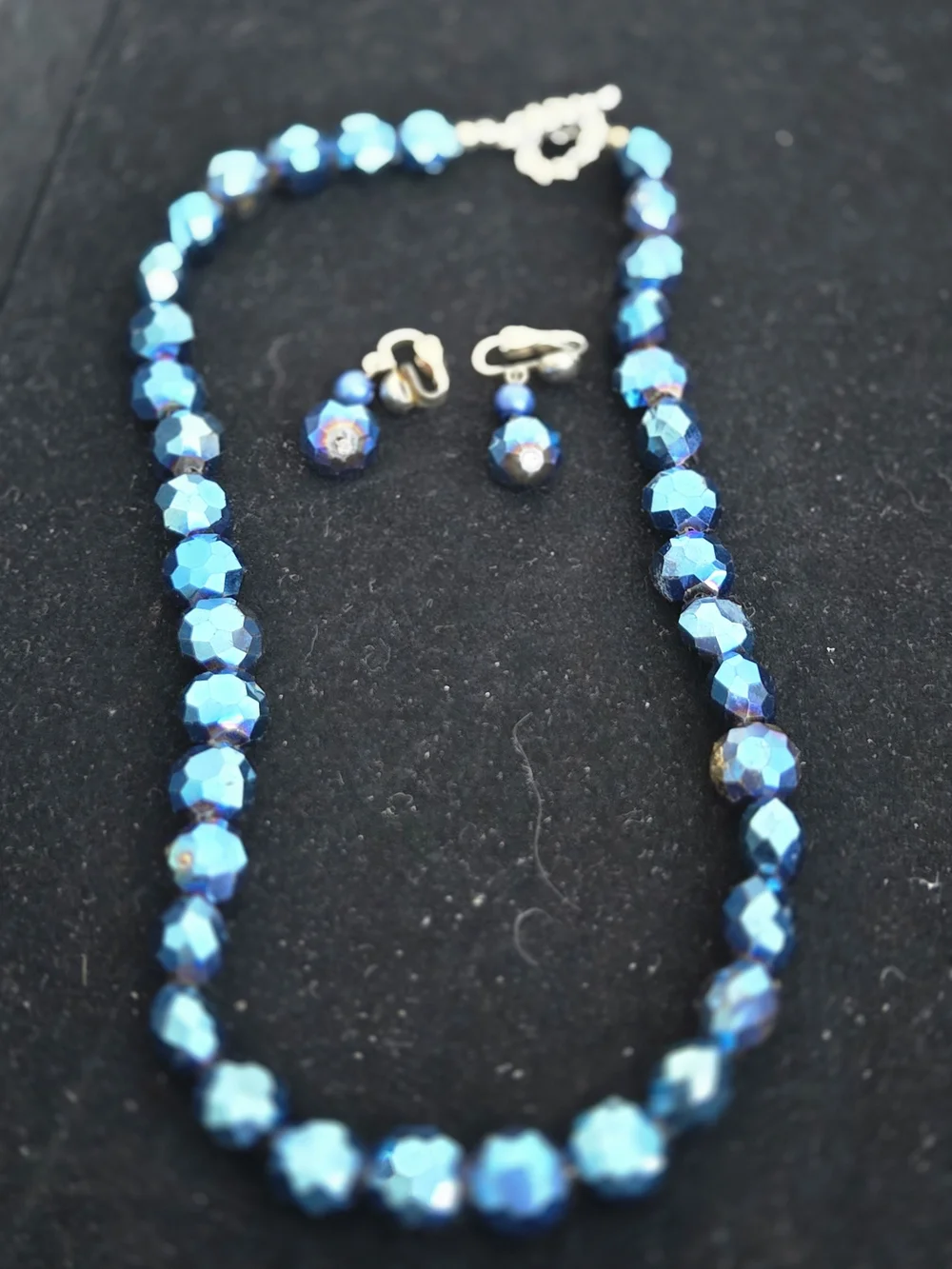 Blue Faceted Mid Century  AB Crystal Necklace and Clip-On Earrings Set